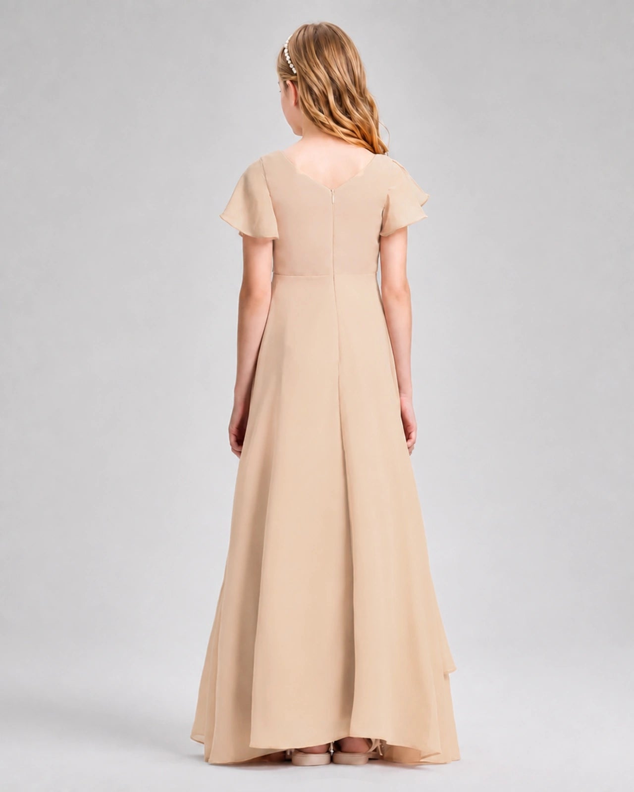Dideyttawl Junior Bridesmaid Dress with Flutter Sleeves and Side Slit Chiffon Gown