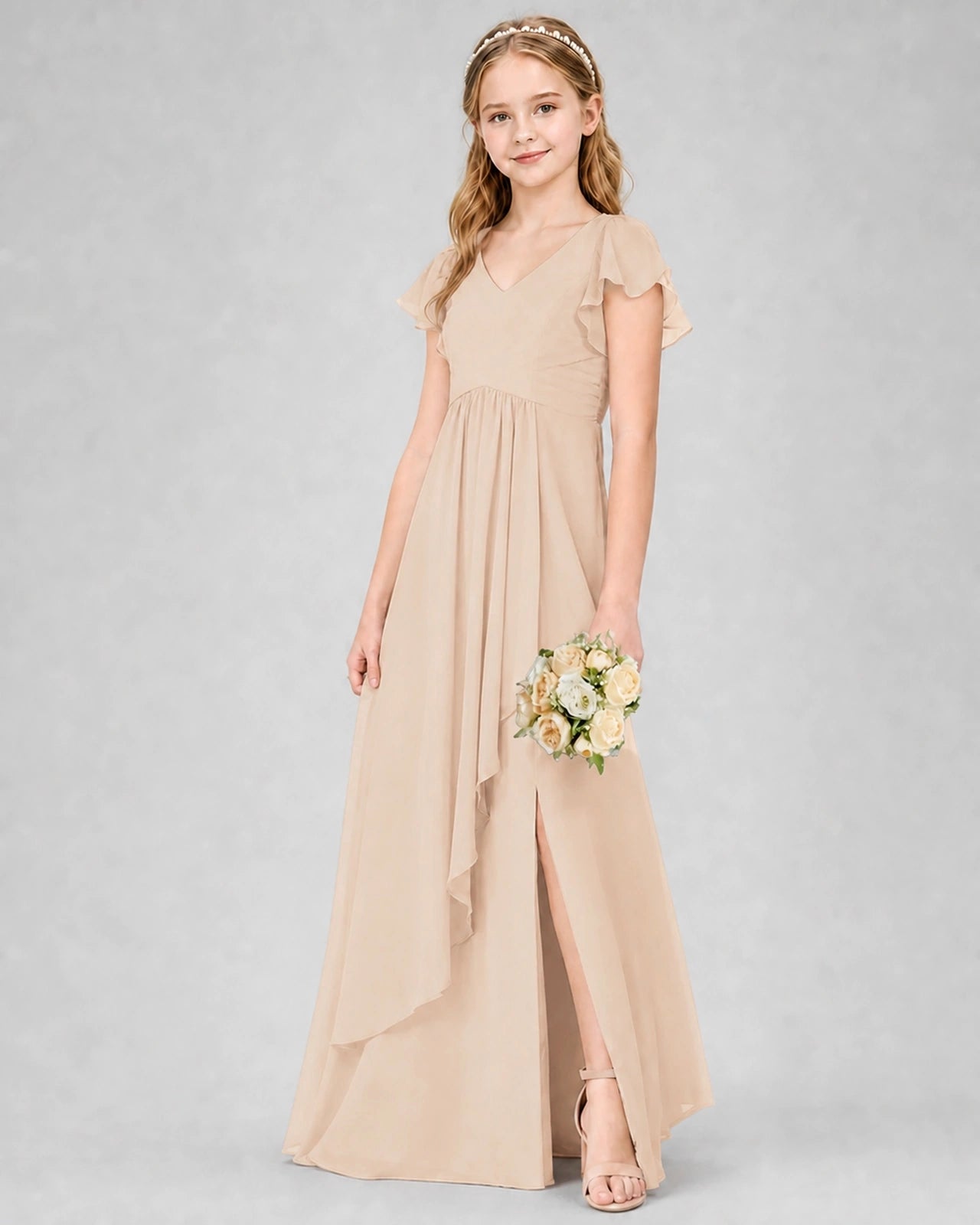 Dideyttawl Junior Bridesmaid Dress with Flutter Sleeves and Side Slit Chiffon Gown