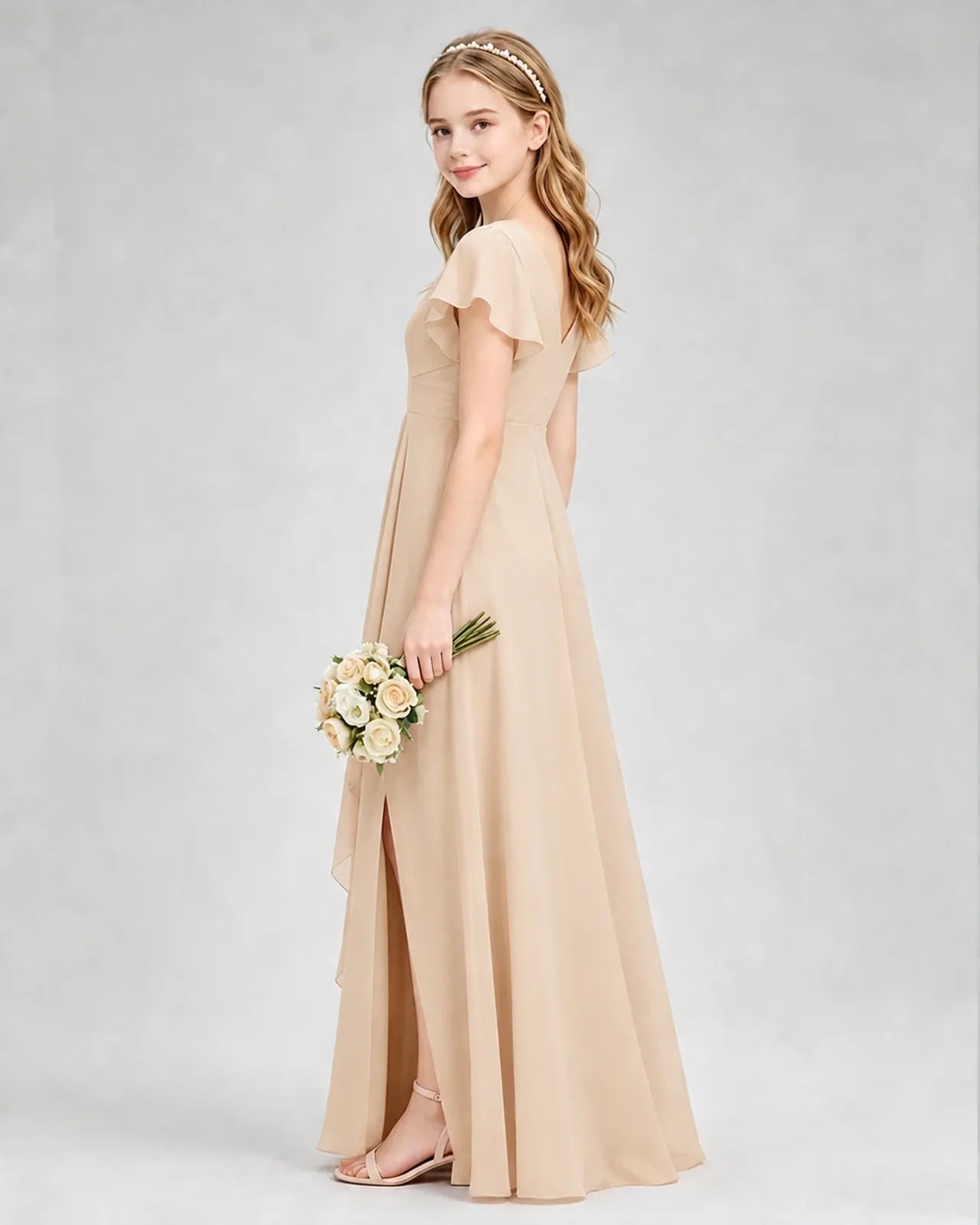 Peach Chiffon A-line Junior Bridesmaid Dress Side View
