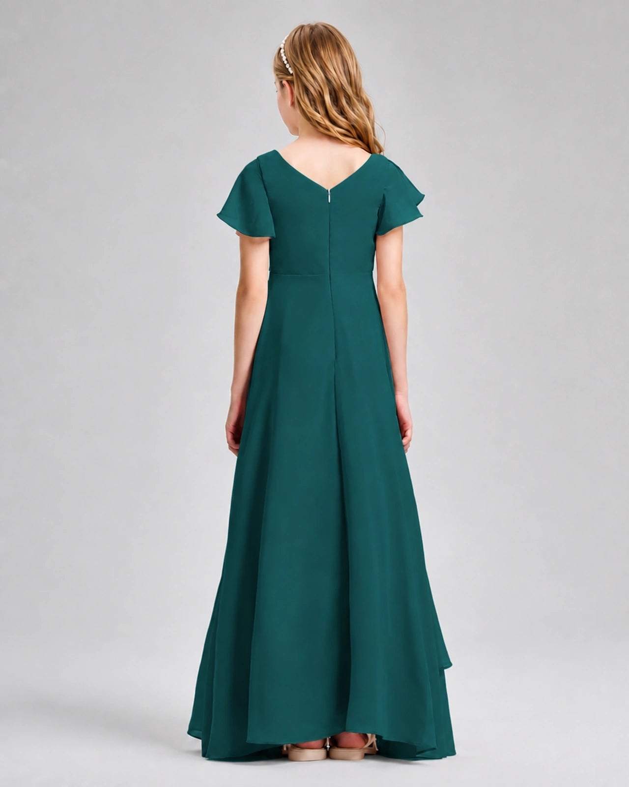 Dideyttawl Junior Bridesmaid Dress with Flutter Sleeves and Side Slit Chiffon Gown