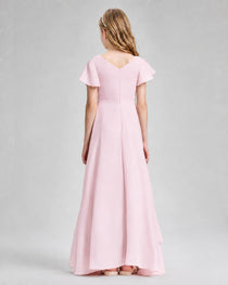 Dideyttawl Junior Bridesmaid Dress with Flutter Sleeves and Side Slit Chiffon Gown