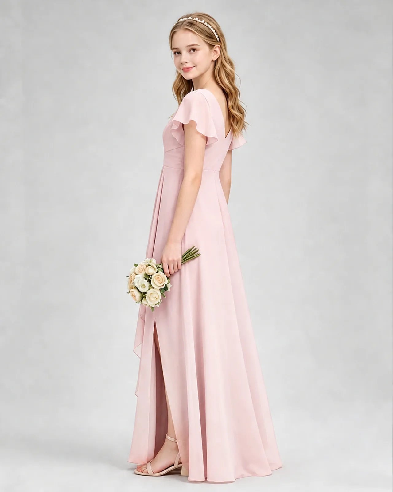 Pink Chiffon A-line Junior Bridesmaid Dress Side View