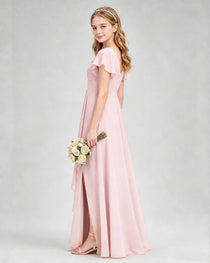 Dideyttawl Junior Bridesmaid Dress with Flutter Sleeves and Side Slit Chiffon Gown