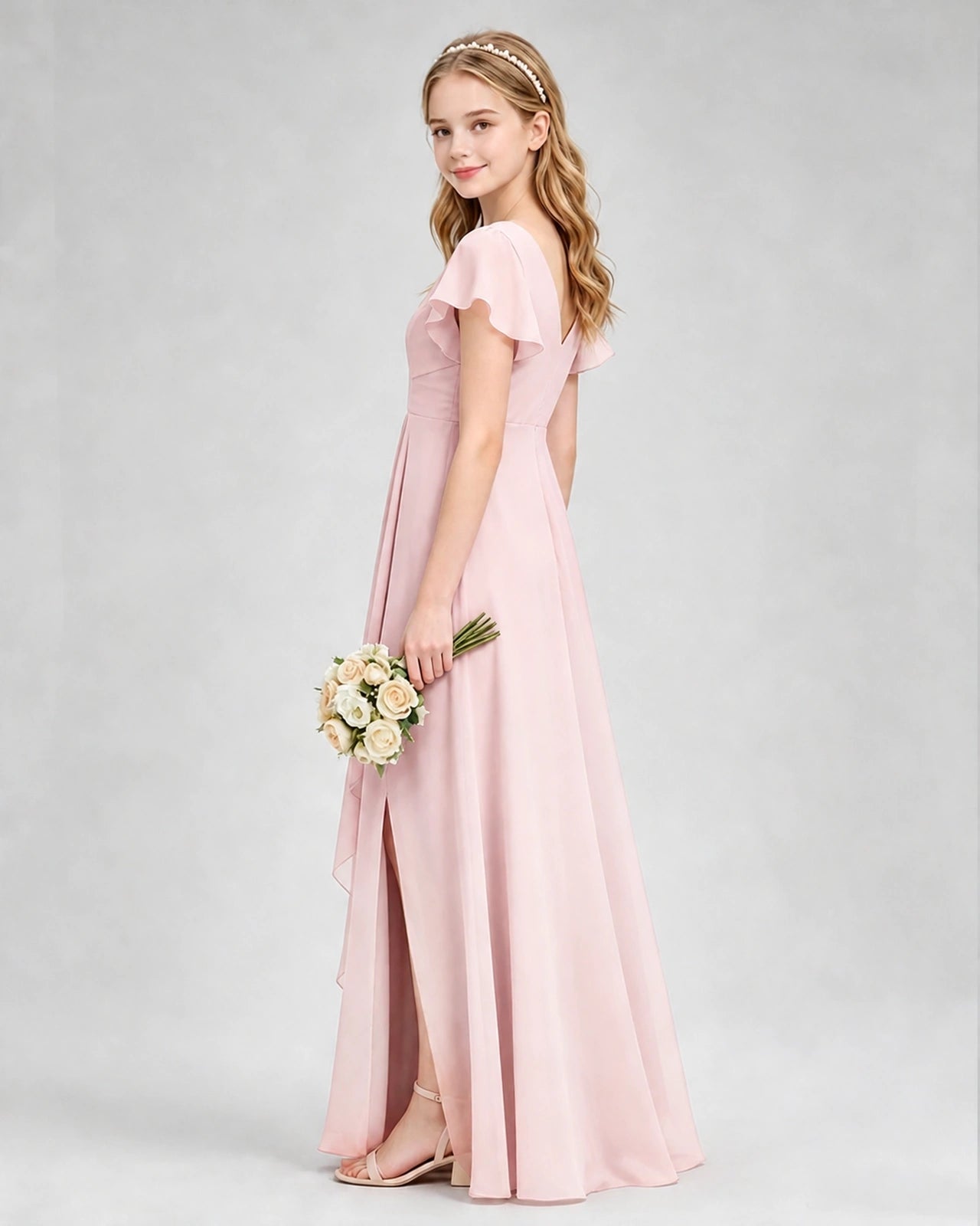Dideyttawl Junior Bridesmaid Dress with Flutter Sleeves and Side Slit Chiffon Gown