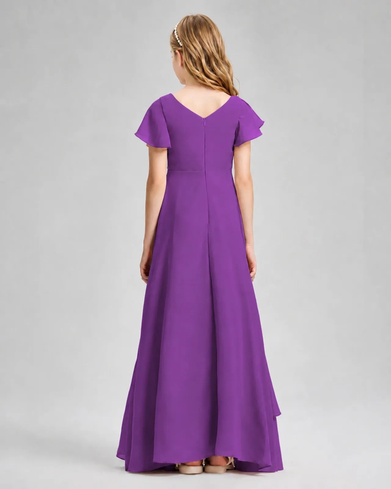 Purple Chiffon A-line Junior Bridesmaid Dress Back View