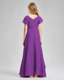 Dideyttawl Junior Bridesmaid Dress with Flutter Sleeves and Side Slit Chiffon Gown