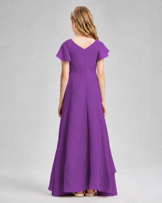 Purple Chiffon A-line Junior Bridesmaid Dress Back View