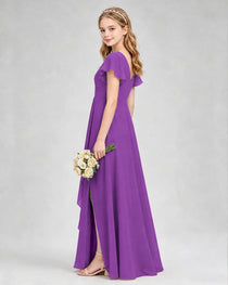Dideyttawl Junior Bridesmaid Dress with Flutter Sleeves and Side Slit Chiffon Gown