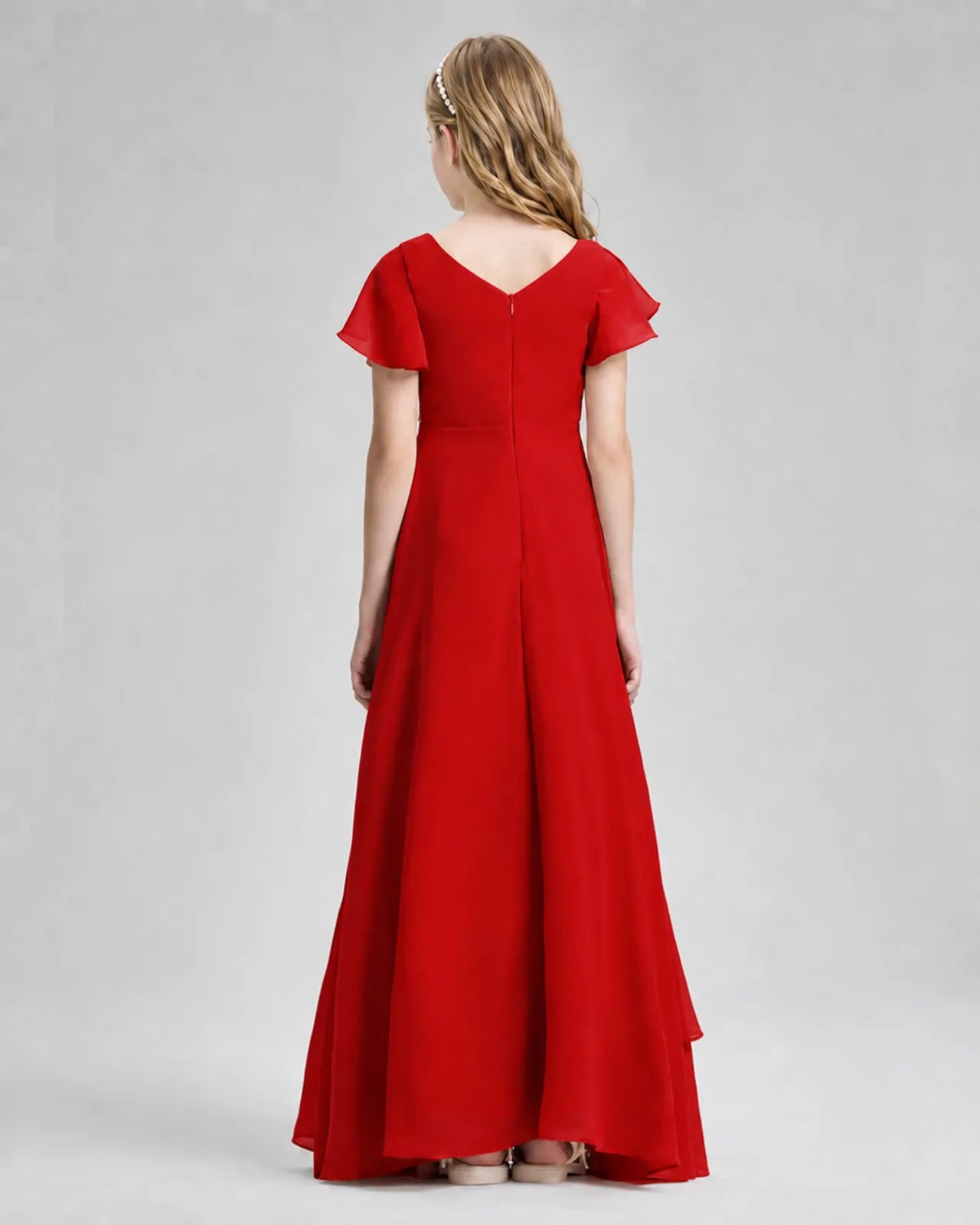 Red Chiffon A-line Junior Bridesmaid Dress Back View
