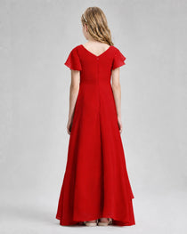 Dideyttawl Junior Bridesmaid Dress with Flutter Sleeves and Side Slit Chiffon Gown