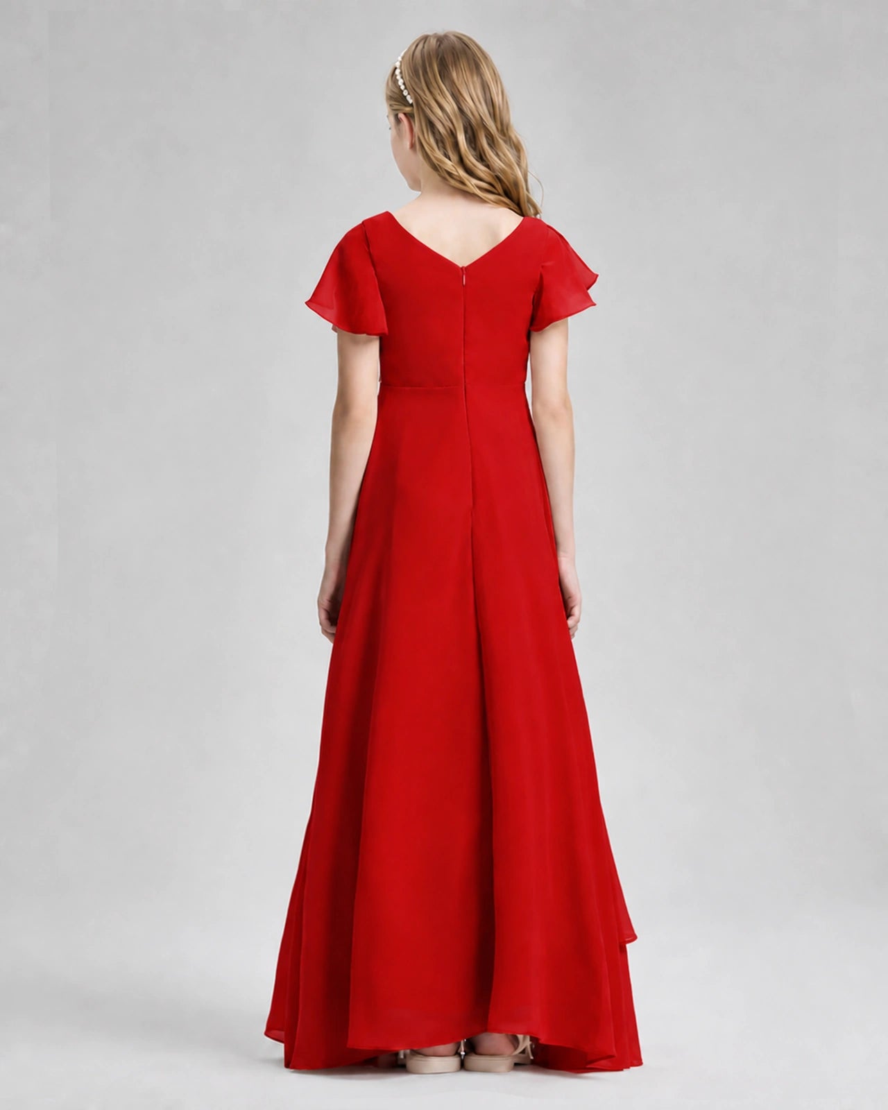 Dideyttawl Junior Bridesmaid Dress with Flutter Sleeves and Side Slit Chiffon Gown