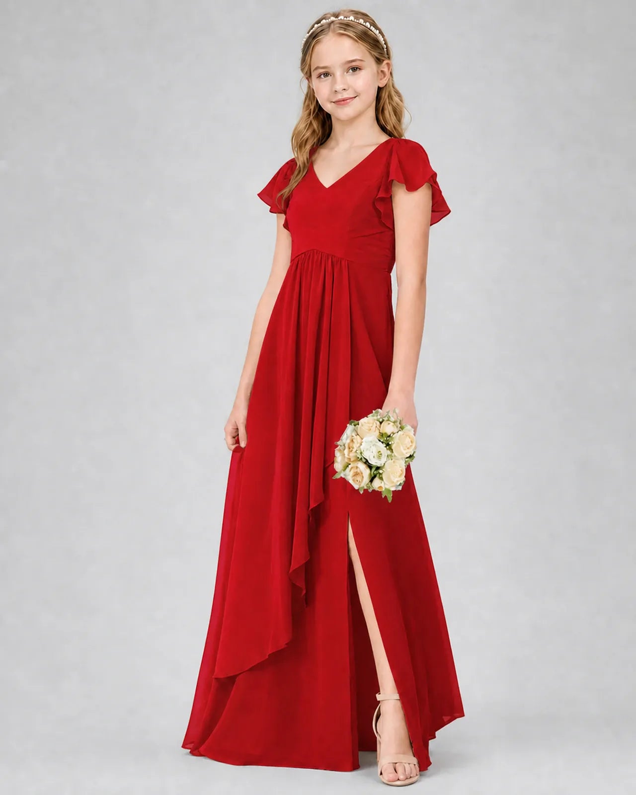 Red Chiffon A-line Junior Bridesmaid Dress Front View