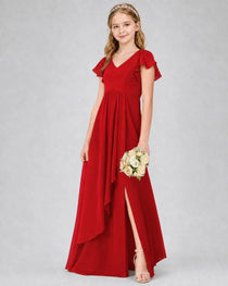 Dideyttawl Junior Bridesmaid Dress with Flutter Sleeves and Side Slit Chiffon Gown