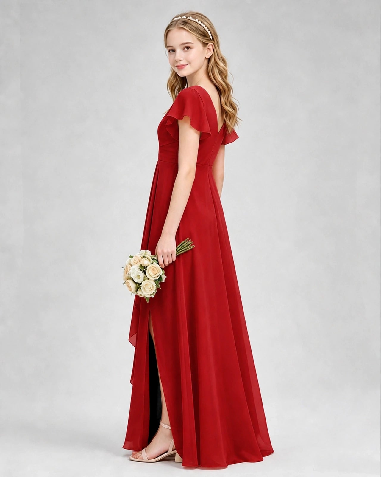 Dideyttawl Junior Bridesmaid Dress with Flutter Sleeves and Side Slit Chiffon Gown