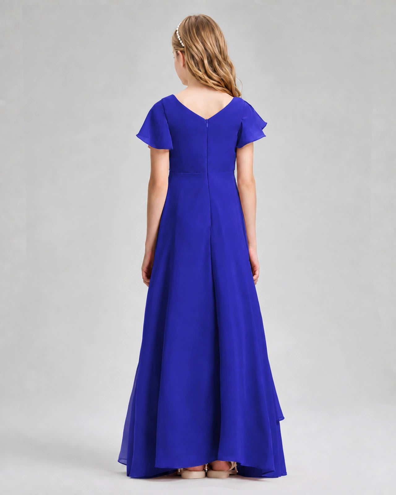 Dideyttawl Junior Bridesmaid Dress with Flutter Sleeves and Side Slit Chiffon Gown