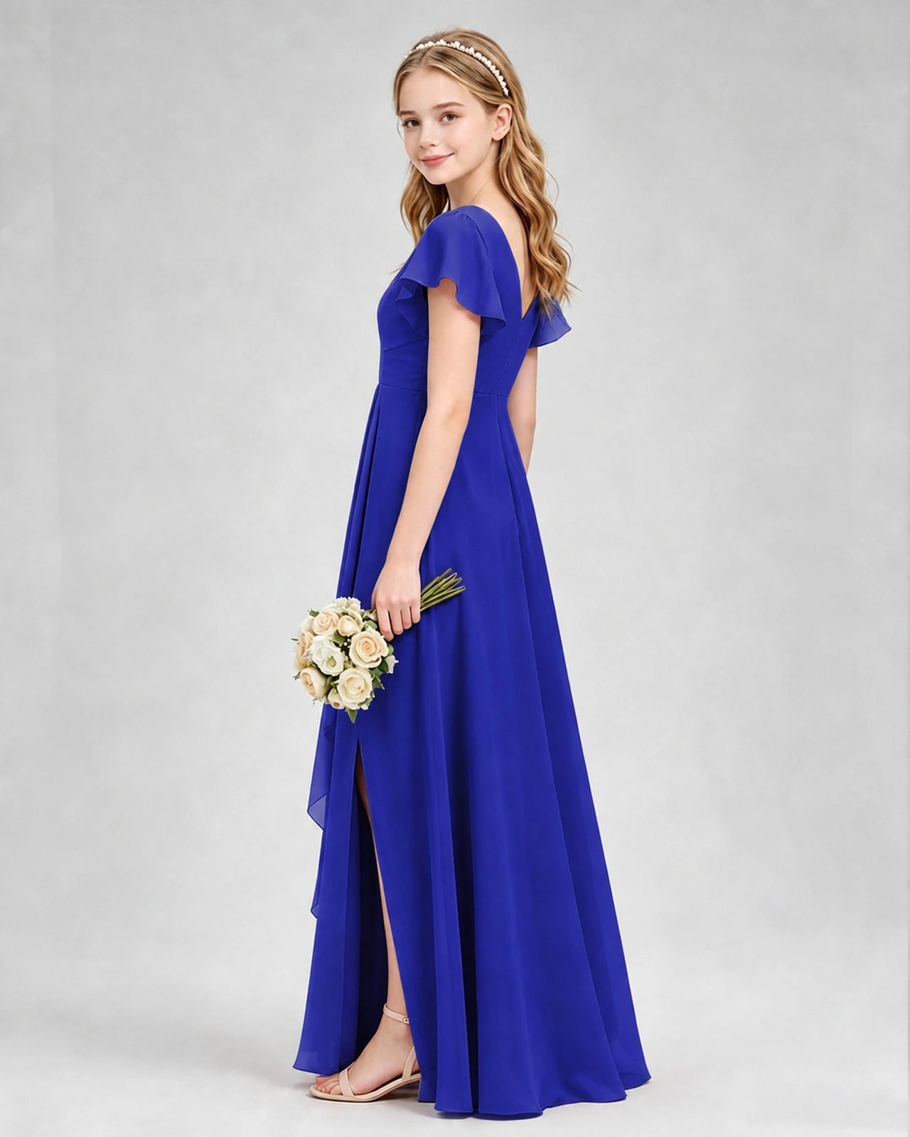 Dideyttawl Junior Bridesmaid Dress with Flutter Sleeves and Side Slit Chiffon Gown