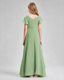 Dideyttawl Junior Bridesmaid Dress with Flutter Sleeves and Side Slit Chiffon Gown