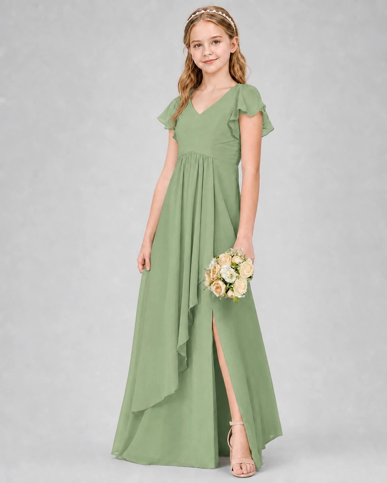 Dideyttawl Junior Bridesmaid Dress with Flutter Sleeves and Side Slit Chiffon Gown