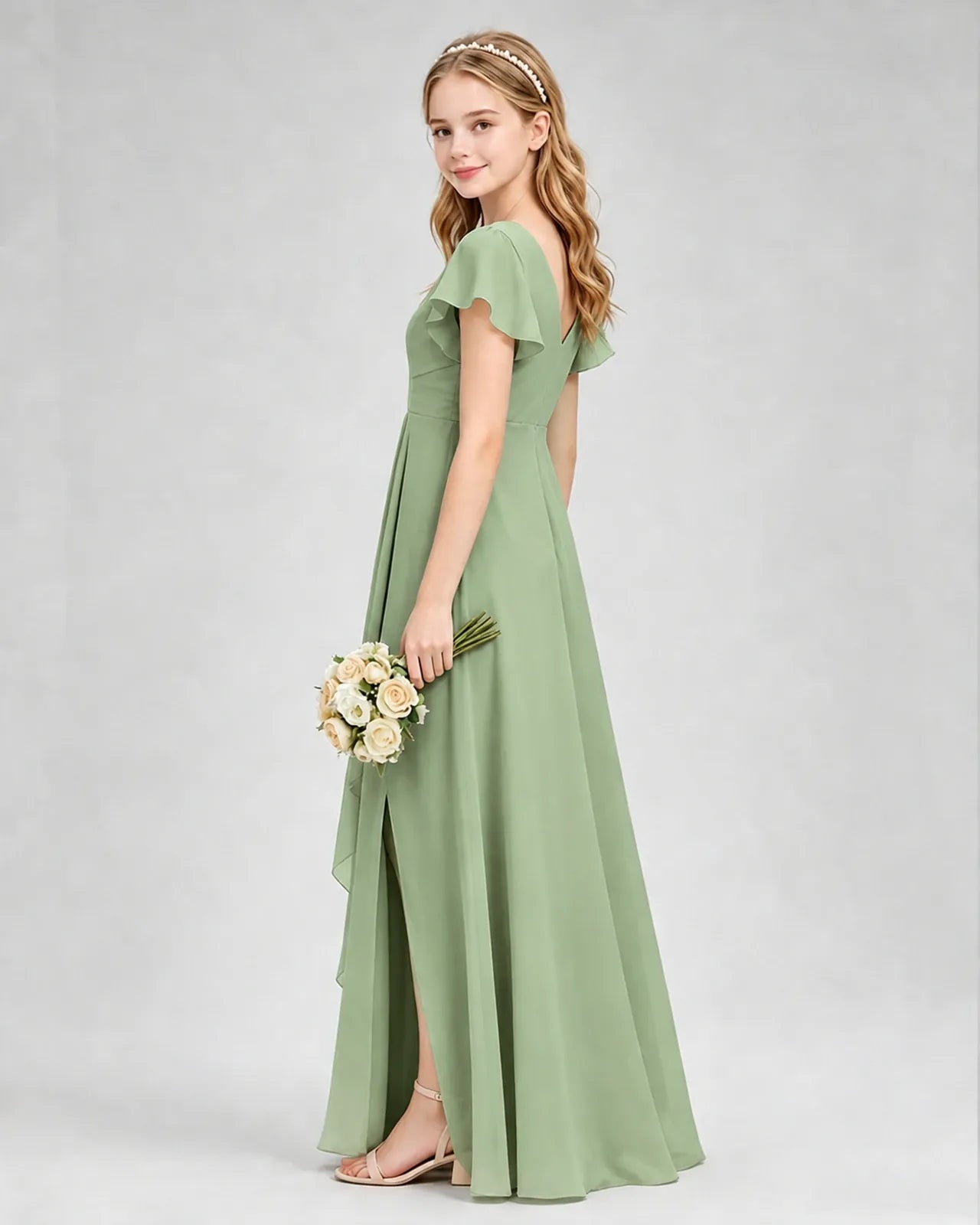 Sage Green Chiffon A-line Junior Bridesmaid Dress Side View