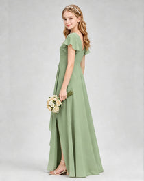Dideyttawl Junior Bridesmaid Dress with Flutter Sleeves and Side Slit Chiffon Gown