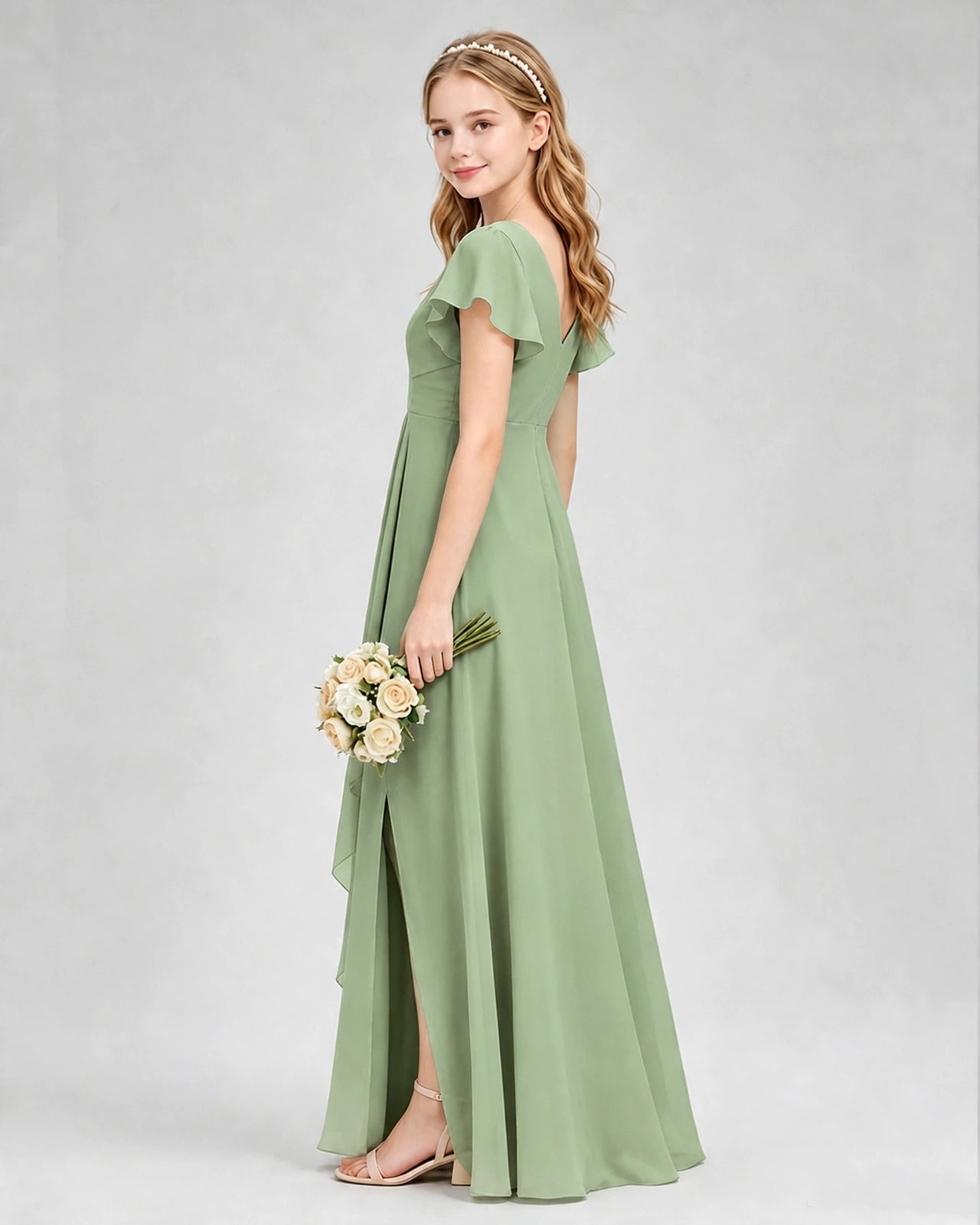 Dideyttawl Junior Bridesmaid Dress with Flutter Sleeves and Side Slit Chiffon Gown