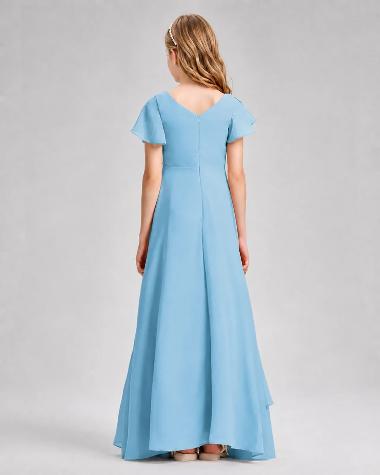 Sky Blue Chiffon A-line Junior Bridesmaid Dress Back View