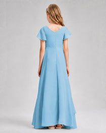 Dideyttawl Junior Bridesmaid Dress with Flutter Sleeves and Side Slit Chiffon Gown
