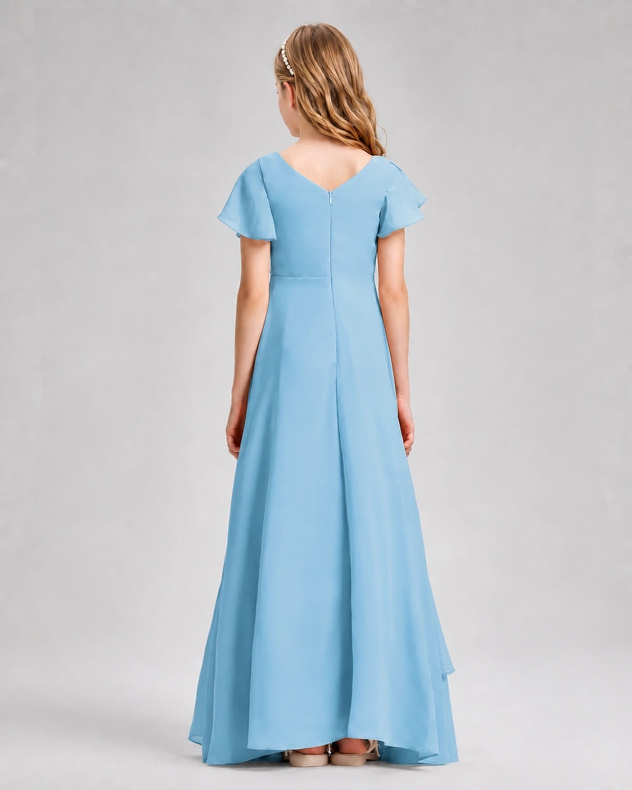Dideyttawl Junior Bridesmaid Dress with Flutter Sleeves and Side Slit Chiffon Gown