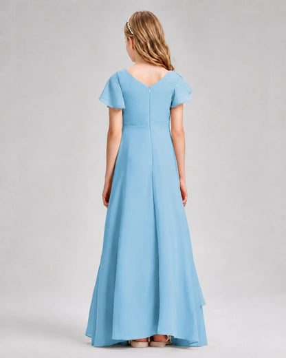 Sky Blue Chiffon A-line Junior Bridesmaid Dress Back View