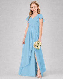 Dideyttawl Junior Bridesmaid Dress with Flutter Sleeves and Side Slit Chiffon Gown
