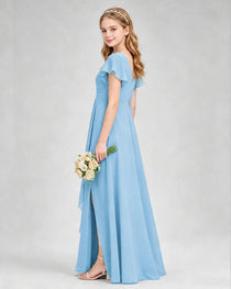 Dideyttawl Junior Bridesmaid Dress with Flutter Sleeves and Side Slit Chiffon Gown