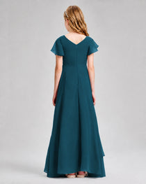 Dideyttawl Junior Bridesmaid Dress with Flutter Sleeves and Side Slit Chiffon Gown