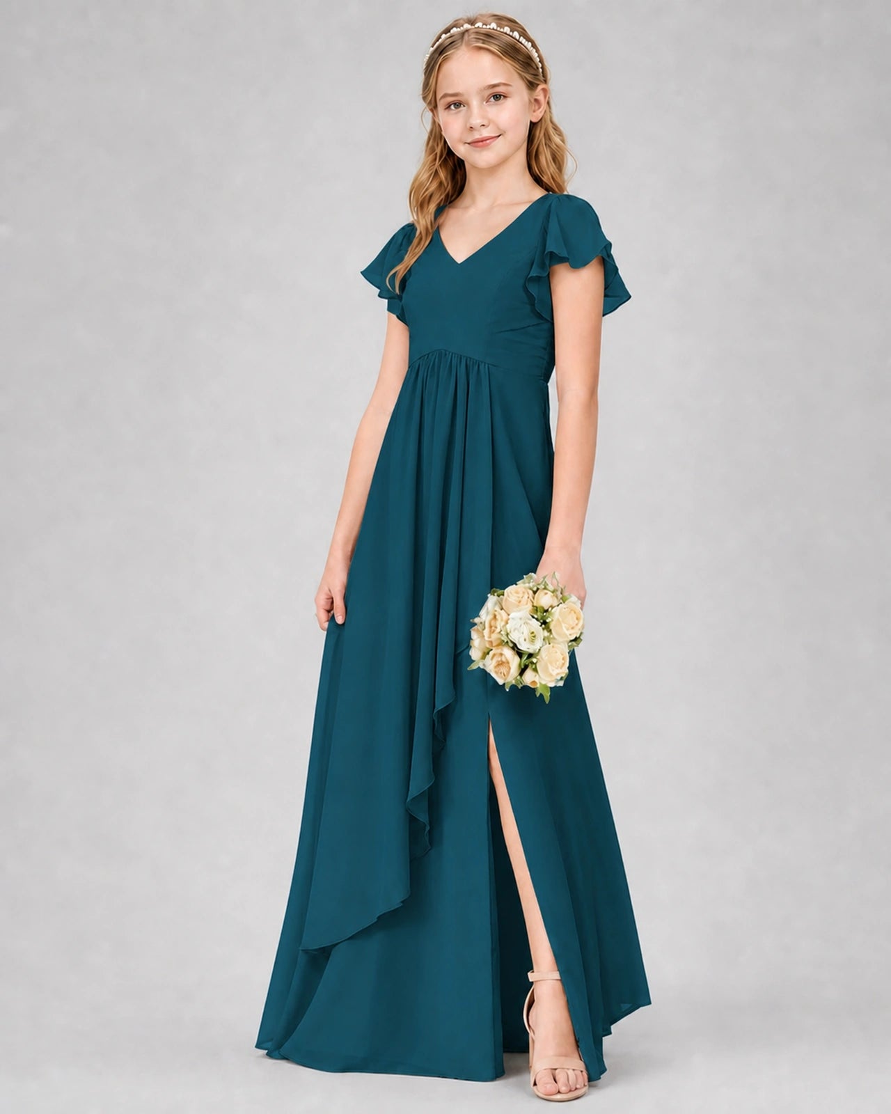 Dideyttawl Junior Bridesmaid Dress with Flutter Sleeves and Side Slit Chiffon Gown