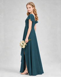 Dideyttawl Junior Bridesmaid Dress with Flutter Sleeves and Side Slit Chiffon Gown