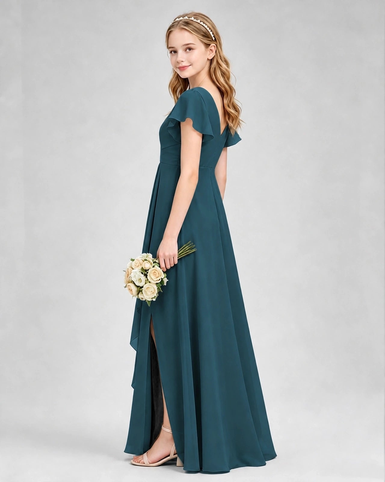 Dideyttawl Junior Bridesmaid Dress with Flutter Sleeves and Side Slit Chiffon Gown