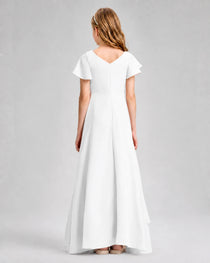 Dideyttawl Junior Bridesmaid Dress with Flutter Sleeves and Side Slit Chiffon Gown