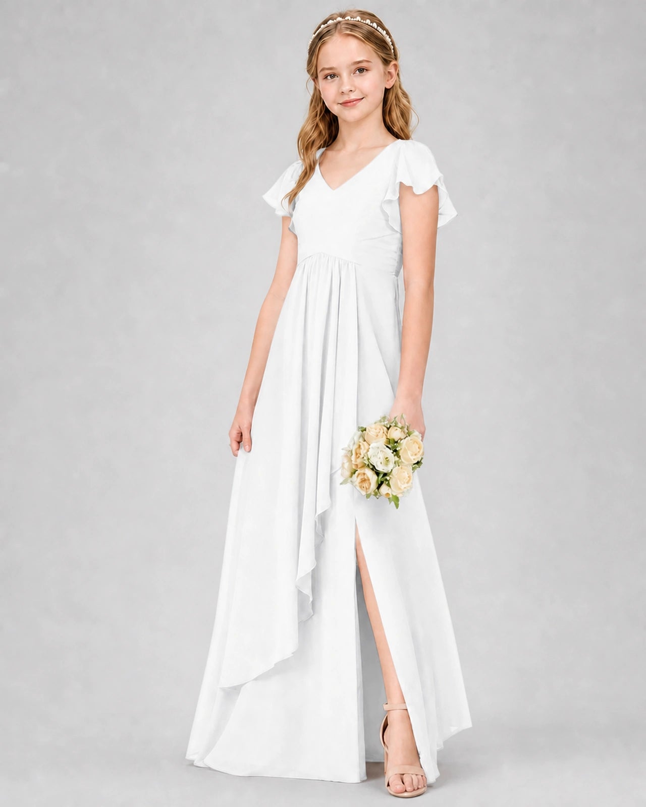 Dideyttawl Junior Bridesmaid Dress with Flutter Sleeves and Side Slit Chiffon Gown