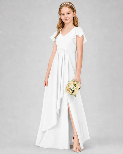 White Chiffon A-line Junior Bridesmaid Dress Front View