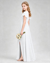 Dideyttawl Junior Bridesmaid Dress with Flutter Sleeves and Side Slit Chiffon Gown
