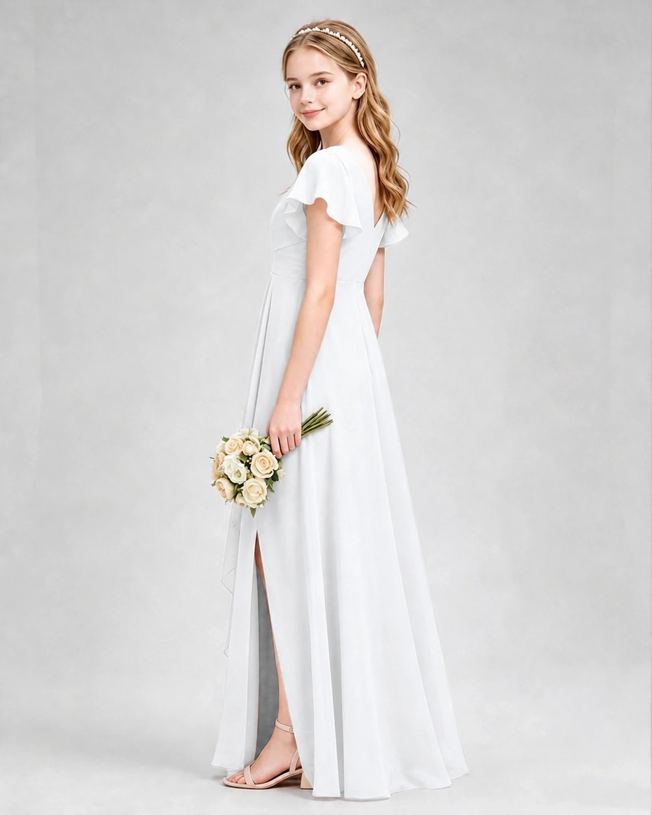 Dideyttawl Junior Bridesmaid Dress with Flutter Sleeves and Side Slit Chiffon Gown