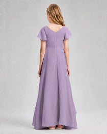 Dideyttawl Junior Bridesmaid Dress with Flutter Sleeves and Side Slit Chiffon Gown