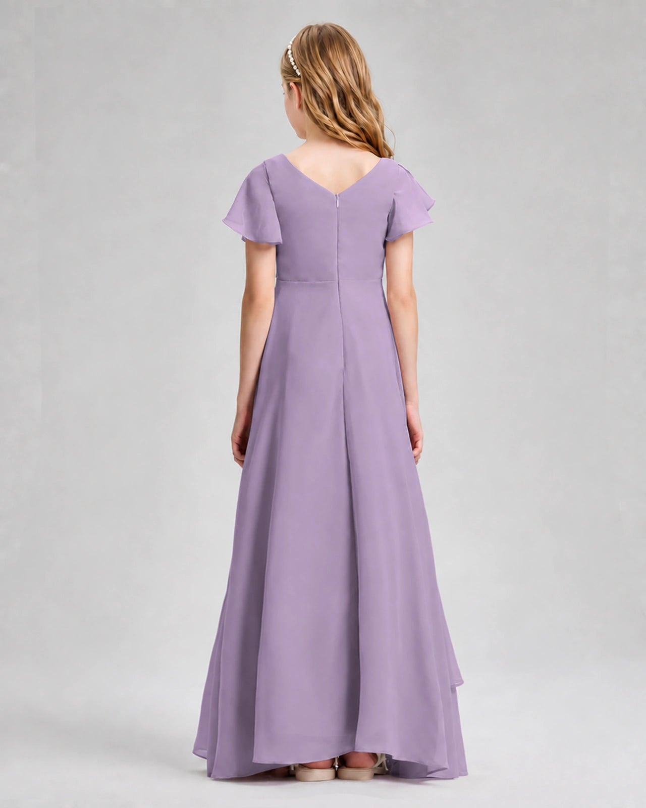 Dideyttawl Junior Bridesmaid Dress with Flutter Sleeves and Side Slit Chiffon Gown
