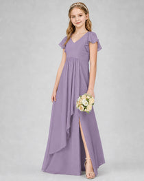 Dideyttawl Junior Bridesmaid Dress with Flutter Sleeves and Side Slit Chiffon Gown