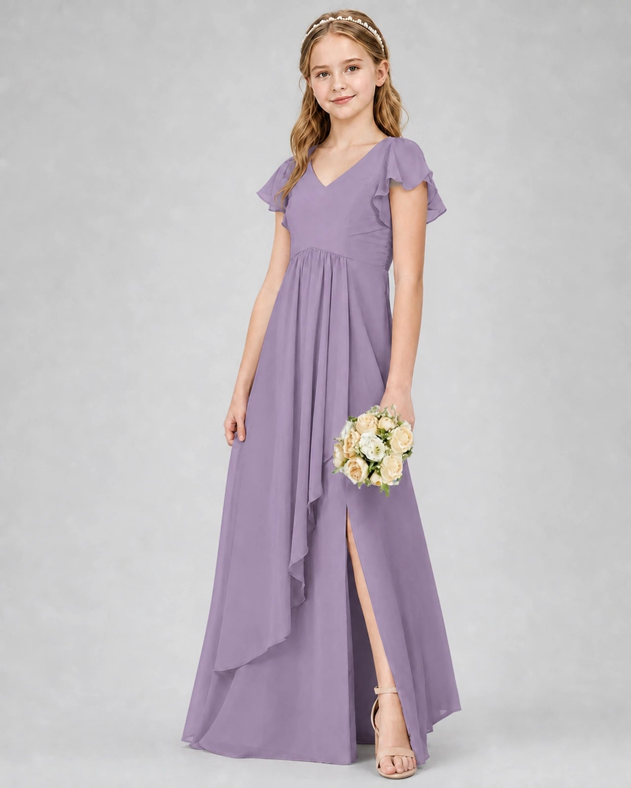 Dideyttawl Junior Bridesmaid Dress with Flutter Sleeves and Side Slit Chiffon Gown