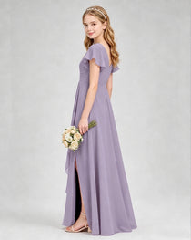 Dideyttawl Junior Bridesmaid Dress with Flutter Sleeves and Side Slit Chiffon Gown
