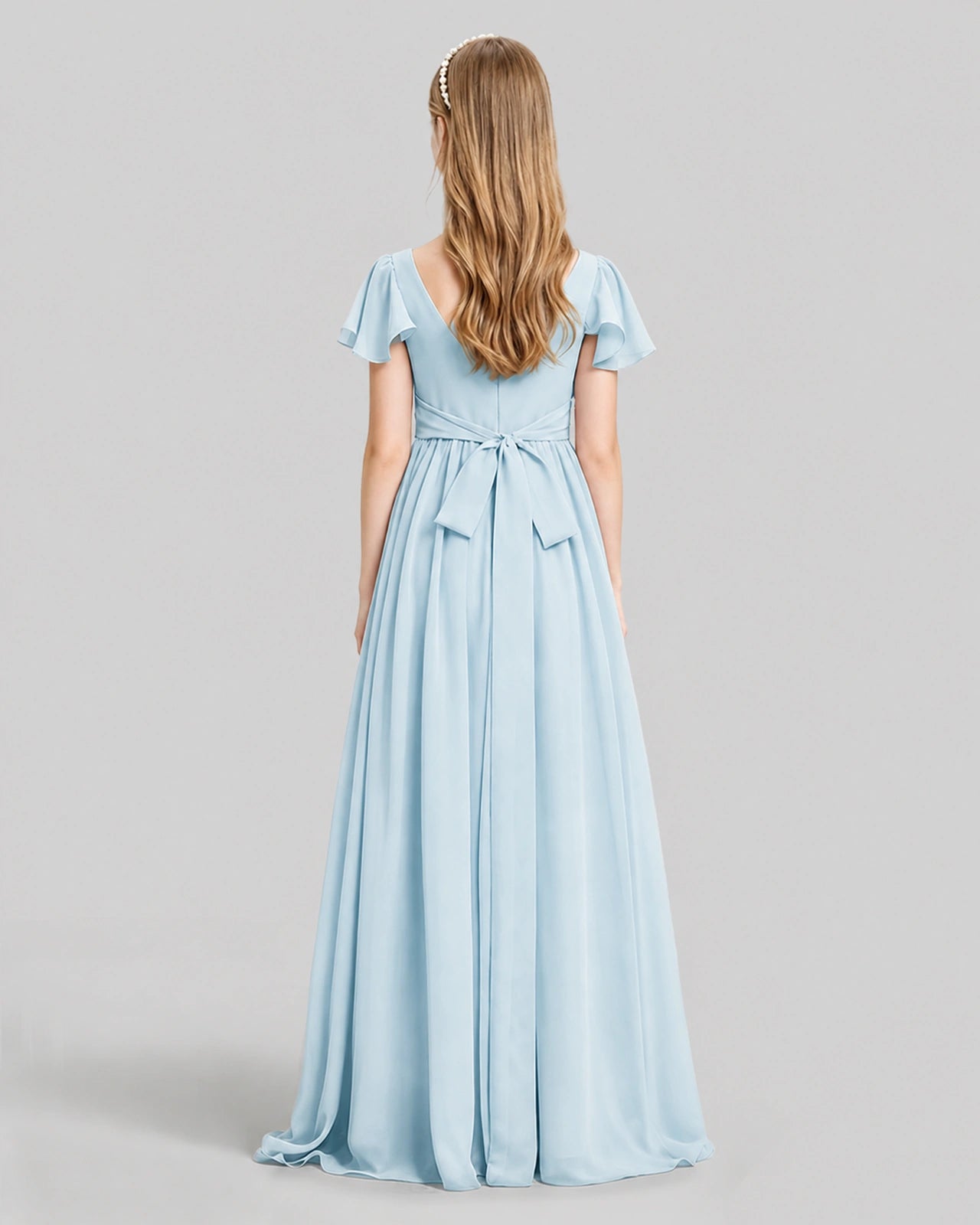 Dideyttawl Junior Bridesmaid Dress with Flutter Sleeves and Ruffle Split Chiffon Gown