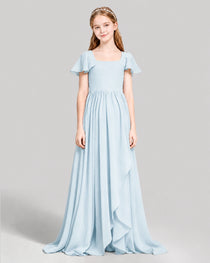 Dideyttawl Junior Bridesmaid Dress with Flutter Sleeves and Ruffle Split Chiffon Gown
