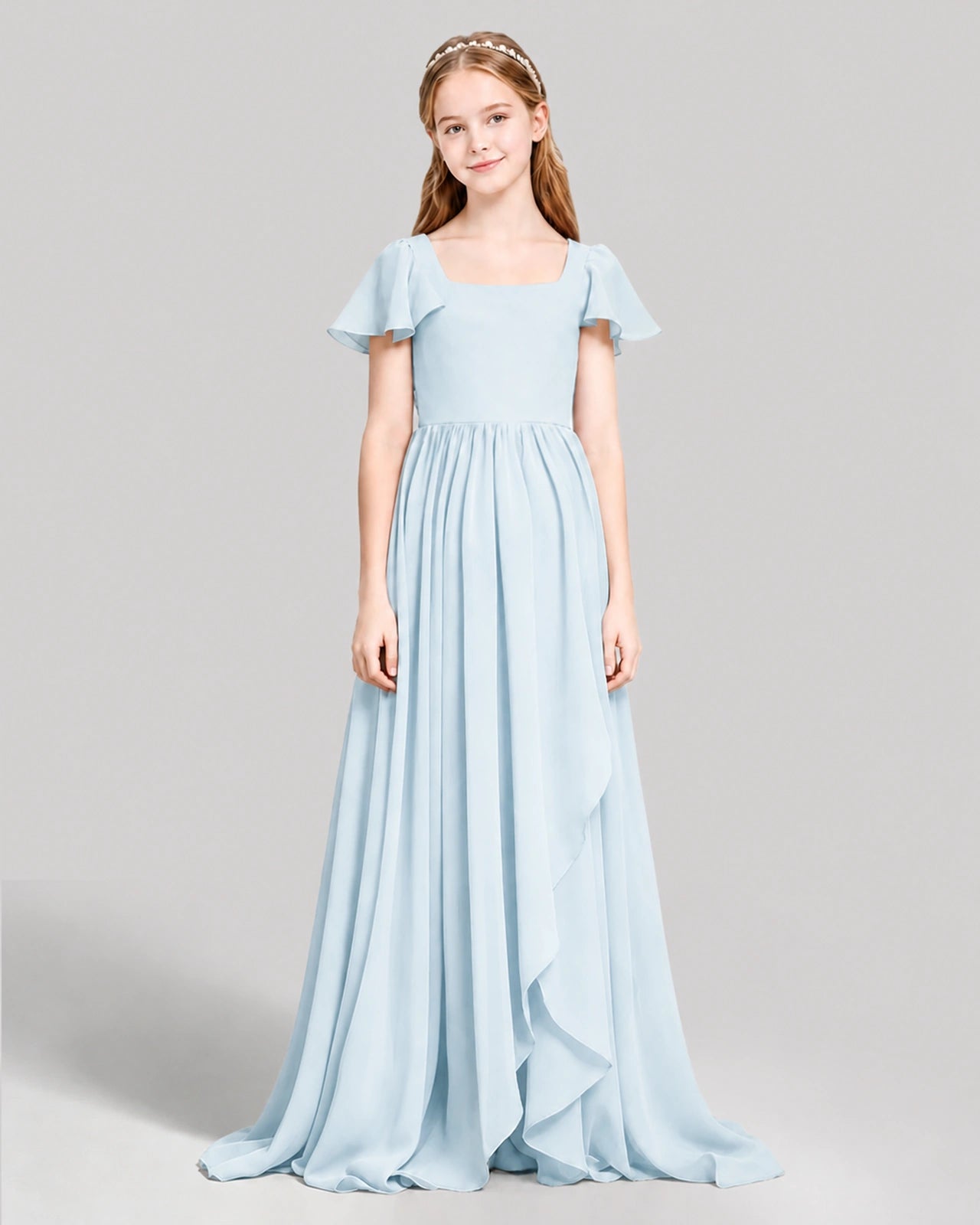 Dideyttawl Junior Bridesmaid Dress with Flutter Sleeves and Ruffle Split Chiffon Gown