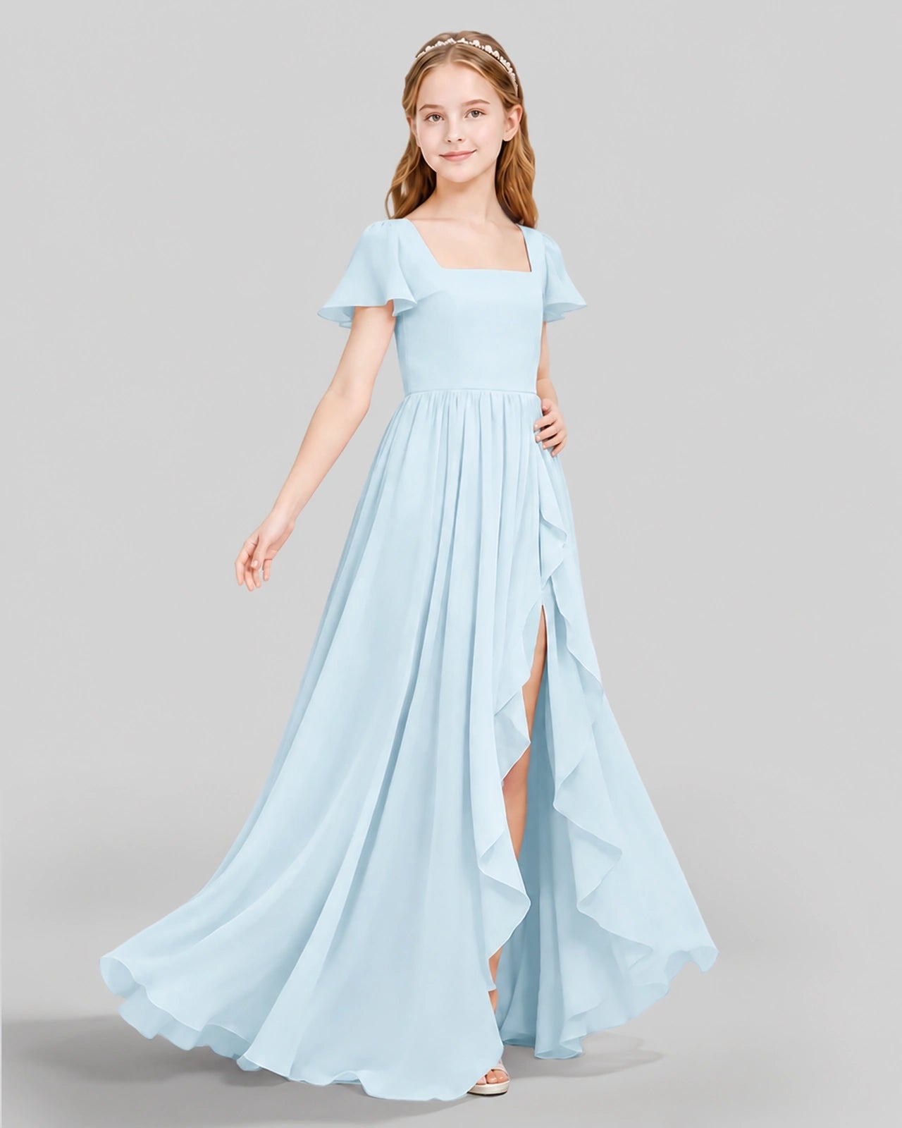 Dideyttawl Junior Bridesmaid Dress with Flutter Sleeves and Ruffle Split Chiffon Gown