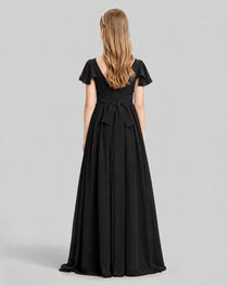 Dideyttawl Junior Bridesmaid Dress with Flutter Sleeves and Ruffle Split Chiffon Gown